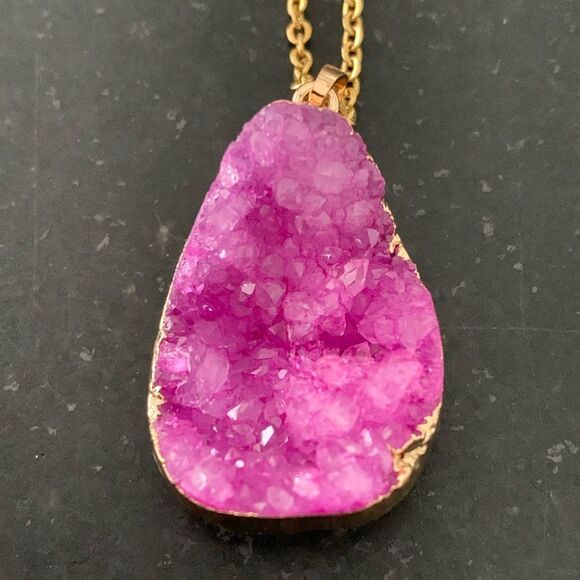 Pink Crystal Druzy Pendant Necklace | Geode Quartz Agate Rough Stone | Gift - Picture 1 of 11
